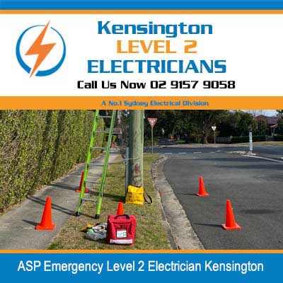 Emergency electrical work site with safety cones and equipment at power pole for ASP level 2 electrician in Kensington